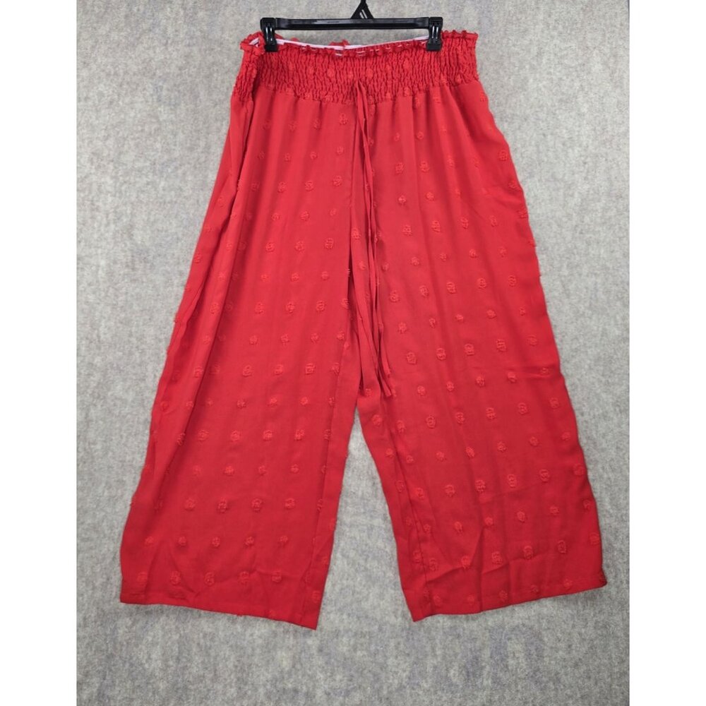 Red Wide-Leg Elastic Waist Pants Size 5XL Lightweight Textured Polyester Blend - Picture 1 of 6